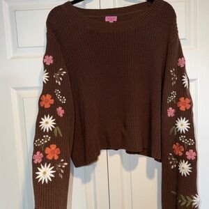 Miami Brown Sweater with Floral Embroidery